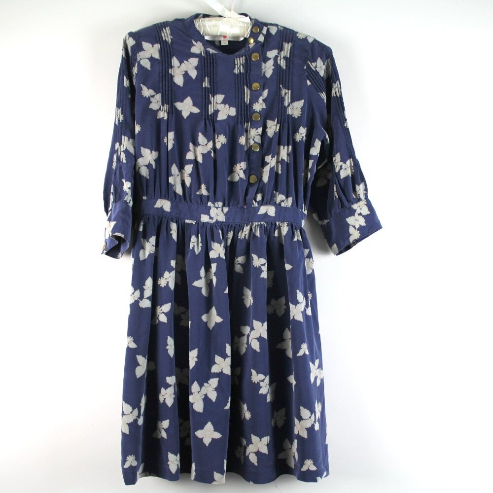 Lauren Moffatt Silk Navy Blue Floral Leafy Print Side Snap Bib Mini Dress 4